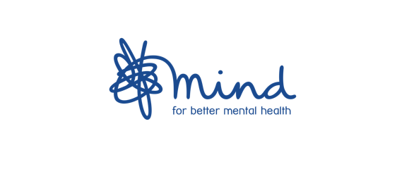 Mind logo, with a blue squiggly line and text promoting better mental health.